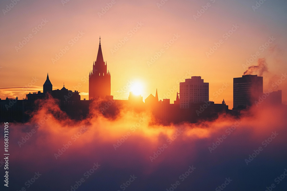 Sunrise over city skyline with fog and silhouette buildings