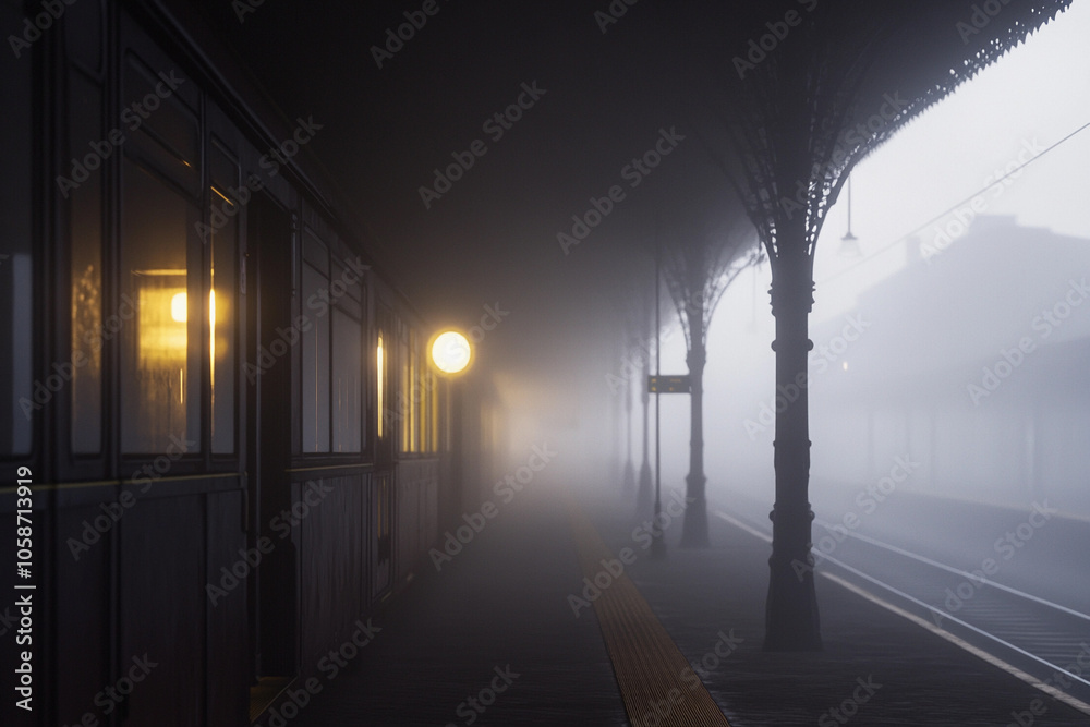 Fototapeta premium Foggy train station platform at dawn with lights glowing