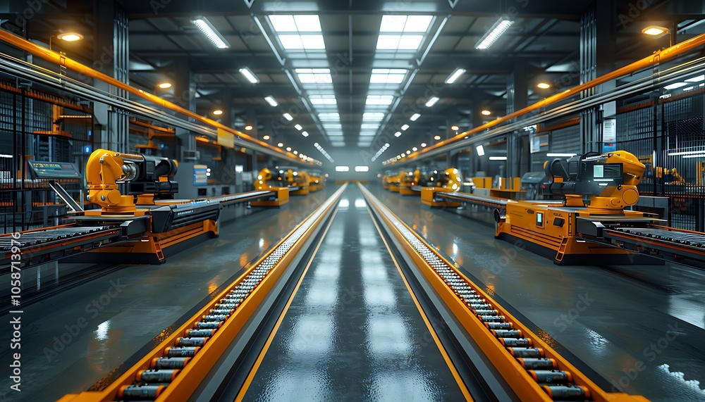 A modern industrial facility featuring robotic arms and conveyor systems, highlighting advanced automation and technology in manufacturing. A modern industrial facility featuring robotic arms and conveyor systems, highlighting advanced automation and technology in manufacturing.