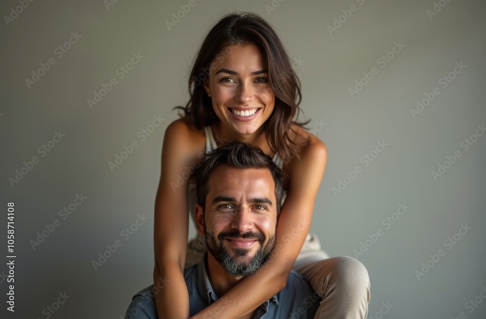 A joyful couple enjoying a playful moment together in a simple indoor setting A joyful couple enjoying a playful moment together in a simple indoor setting