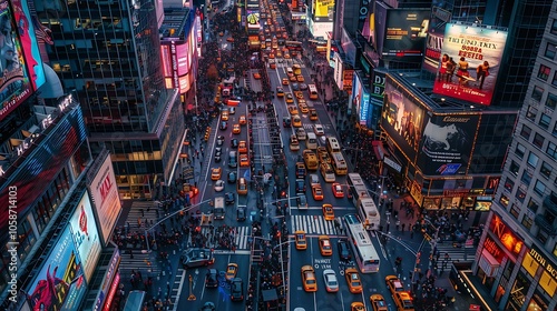 A view of Times Square from above, with busy streets packed with cars, buses, and pedestrians under glowing billboards.