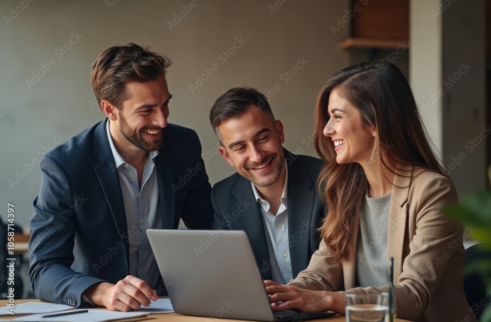 Three colleagues sharing ideas and laughing while working on a laptop in a modern office setting during the day Three colleagues sharing ideas and laughing while working on a laptop in a modern office setting during the day
