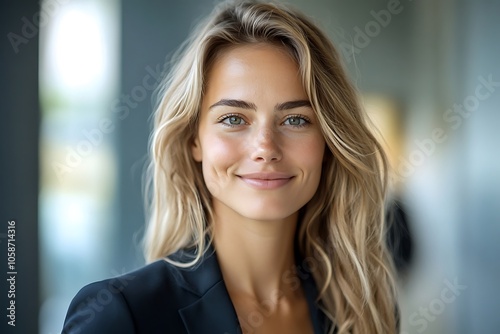 Free Download Confident Businesswoman with Green Eyes Smiling in Blazer Portrait - GFXLoad