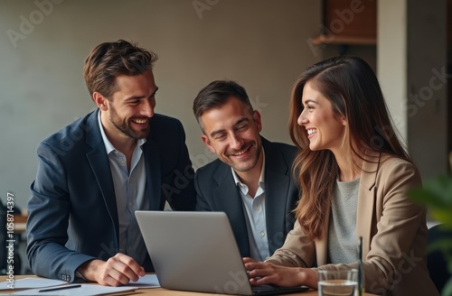 Three colleagues sharing ideas and laughing while working on a laptop in a modern office setting during the day