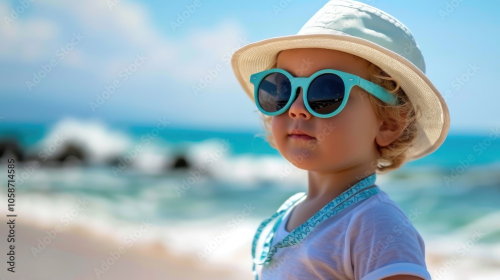 Stylish cute little boy in sunglasses and hat, AI generated image Stylish cute little boy in sunglasses and hat, AI generated image