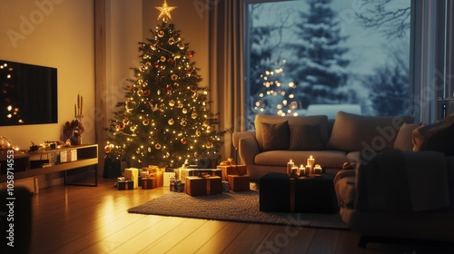 A Christmas tree is lit up in a living room