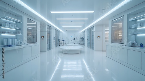 white, modern laboratory with open shelves and tables, providing clean and functional space