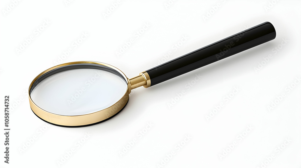 Magnifying glass with a sleek black handle displayed on a clean white background Magnifying glass with a sleek black handle displayed on a clean white background