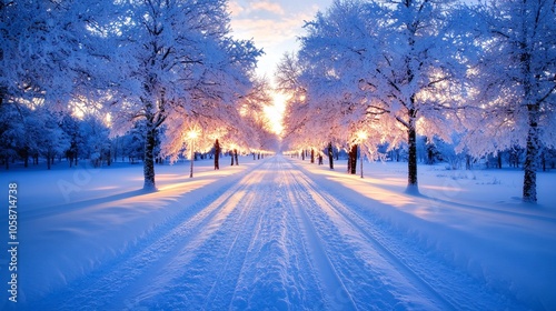 Winter Wonderland: Serene Morning with Frosty Trees and Soft Sunlight