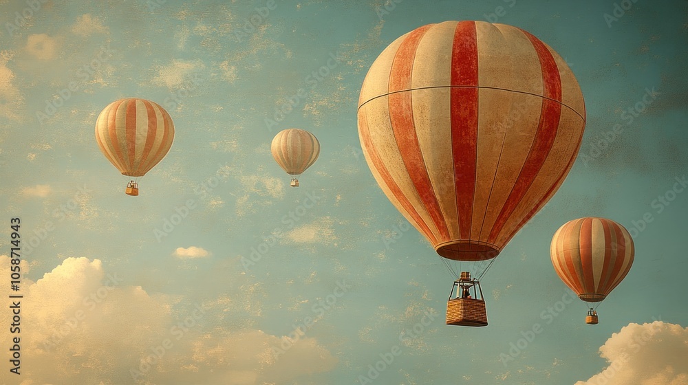 Fototapeta premium Vintage Hot Air Balloons Soaring Through a Cloudy Sky