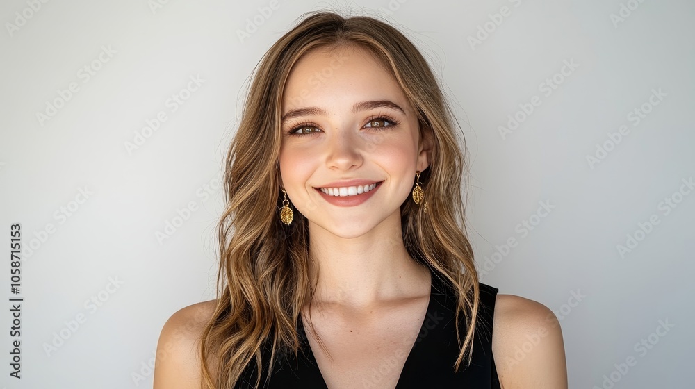 Smiling beautiful young woman with long hair and gold earrings posing against a white wall.Concept of beauty, elegance,confidence,fashion, cosmetics, jewelry, hair care and photography. Smiling beautiful young woman with long hair and gold earrings posing against a white wall.Concept of beauty, elegance,confidence,fashion, cosmetics, jewelry, hair care and photography.