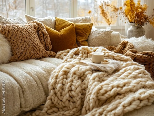 A cozy living room with a couch covered in blankets and pillows