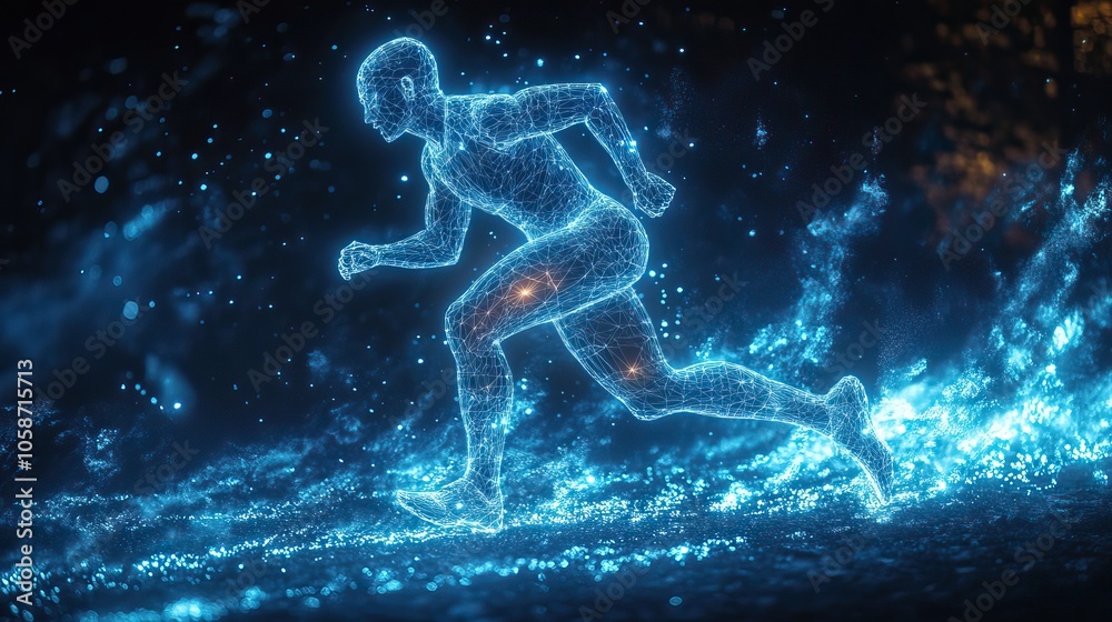 wireframe hologram of an athlete running on dark blue background symbolizes the intersection of sports and technology wireframe hologram of an athlete running on dark blue background symbolizes the intersection of sports and technology