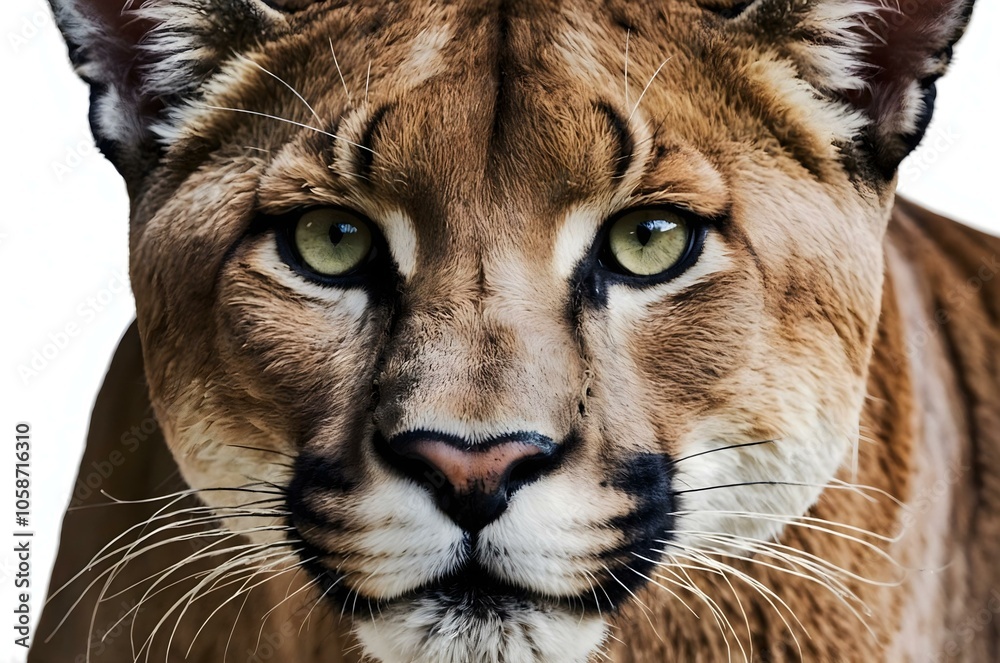 Close-up of a majestic puma face portrait animal with intense golden eyes, highlighting the fine details of its fur and powerful gaze against a clean, cougar in white background png hyperrealistic Close-up of a majestic puma face portrait animal with intense golden eyes, highlighting the fine details of its fur and powerful gaze against a clean, cougar in white background png hyperrealistic