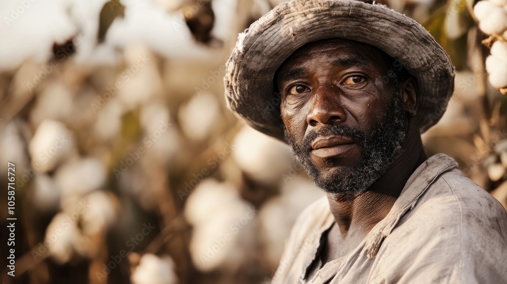 A weathered farmer, with a determined gaze, stands amidst a field of cotton plants, his face bearing the marks of a life spent working the land. A weathered farmer, with a determined gaze, stands amidst a field of cotton plants, his face bearing the marks of a life spent working the land.