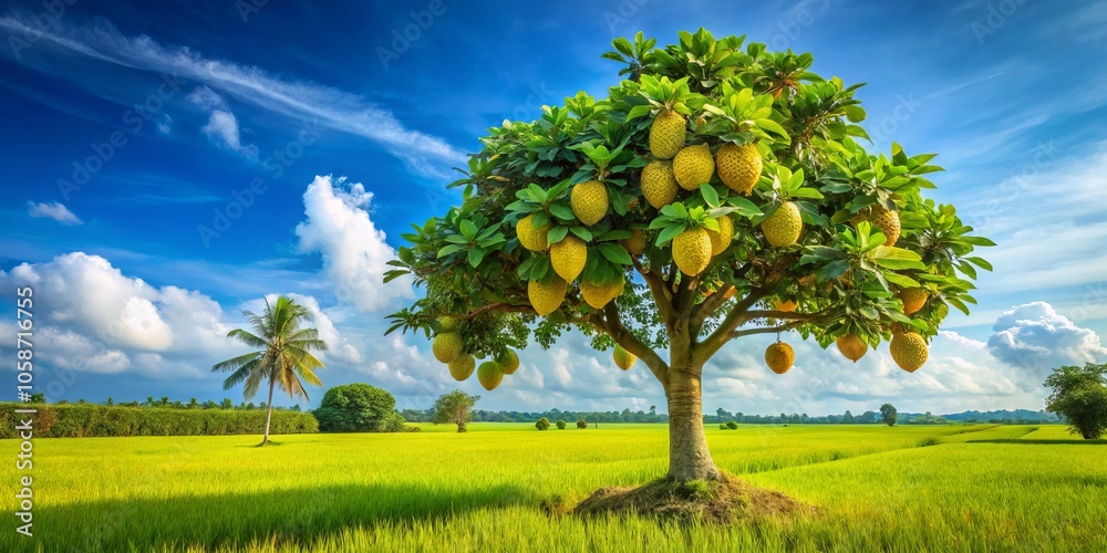 Stunning Macro Photography of a Jackfruit Tree in a Rice Field Under a Bright Blue Sky with Golden Paddies and Serene Countryside Landscape Stunning Macro Photography of a Jackfruit Tree in a Rice Field Under a Bright Blue Sky with Golden Paddies and Serene Countryside Landscape
