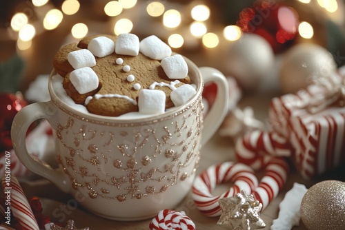 Delicious gingerbread man cookie topped with marshmallows, paired with hot cocoa in an elegant mug, surrounded by candy canes and small presents.