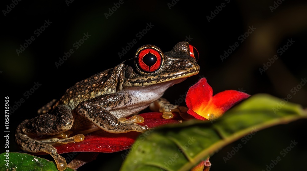 Obraz premium A close-up of a frog with striking red eyes perched on a leaf beside a flower.