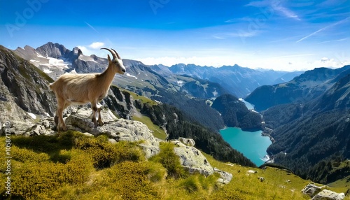 Mountain goat in the Alps on a peak with a lake in the valley