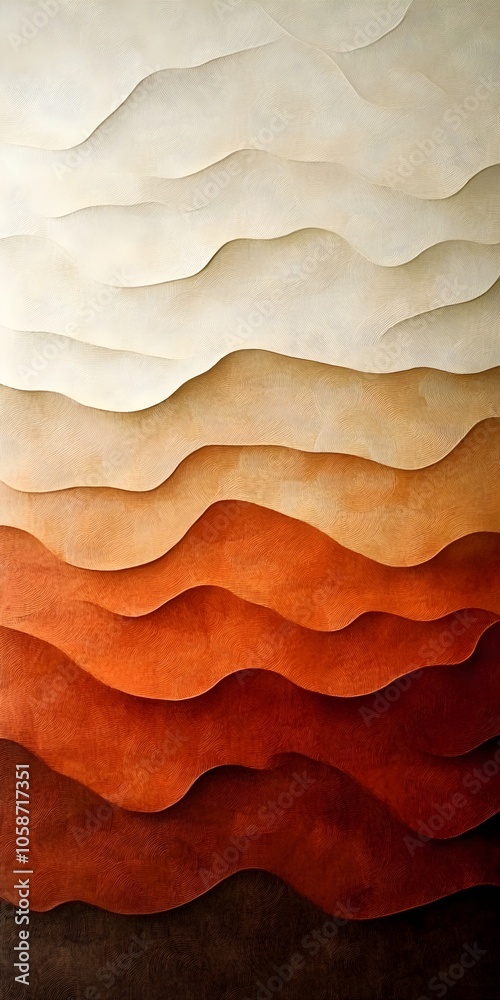 An abstract wall art piece featuring layered wavy textures in warm tones of cream, orange, and brown, creating a soothing, harmonious atmosphere. An abstract wall art piece featuring layered wavy textures in warm tones of cream, orange, and brown, creating a soothing, harmonious atmosphere.