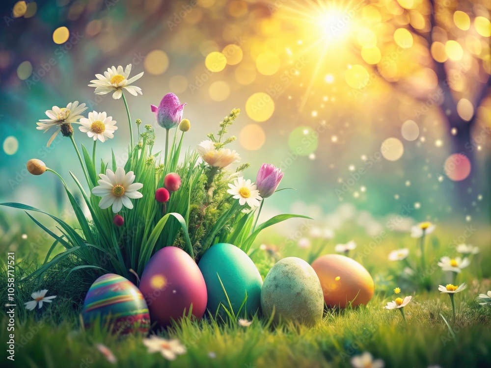 Fototapeta premium Vintage Joyous Spring Scene with Lush Green Grass, Easter Symbolism, and Copy Space for Celebrations in a Nostalgic Style