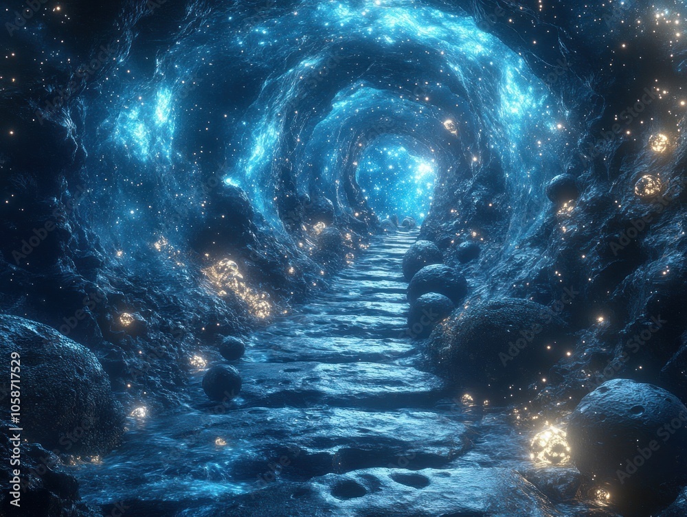 A glowing tunnel of light and stones, evoking a cosmic journey. A glowing tunnel of light and stones, evoking a cosmic journey.