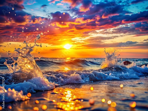 Stunning Sunset Over Ocean Waves with Bokeh Effect, Vibrant Colors, Nature's Beauty, Serene Landscape, Tranquil Scene, Dreamy Atmosphere, Evening Glow, Calming Ocean, Scenic View photo