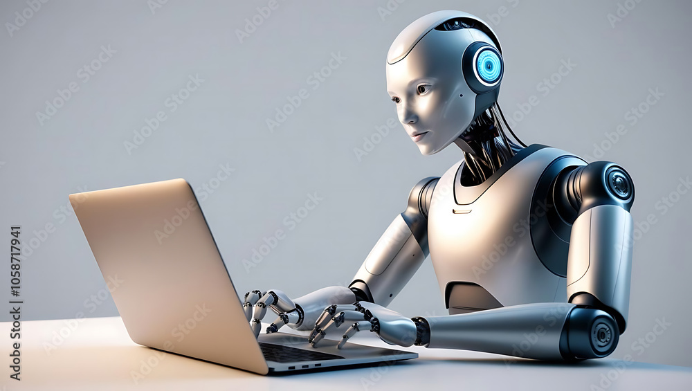 Humanoid robot programming itself on laptop, showcasing advanced AI capabilities