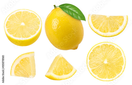 lemon fruit, slice and half isolated, Fresh and Juicy Lemon, transparent PNG, PNG format, cut out