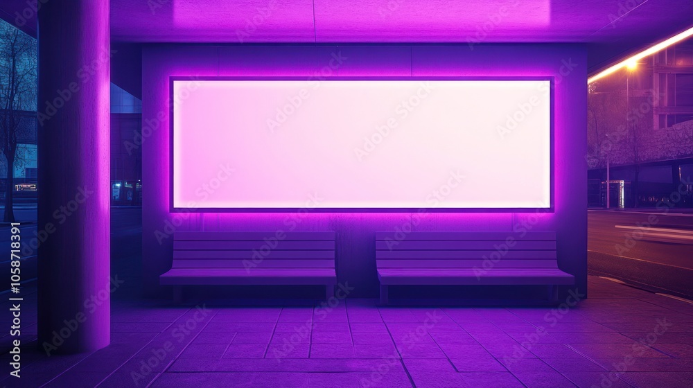 A blank billboard with glowing purple lights, illuminated by streetlights at night. A blank billboard with glowing purple lights, illuminated by streetlights at night.