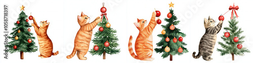 A festive scene featuring playful cats decorating Christmas trees with ornaments and ribbons, showcasing a whimsical holiday spirit.