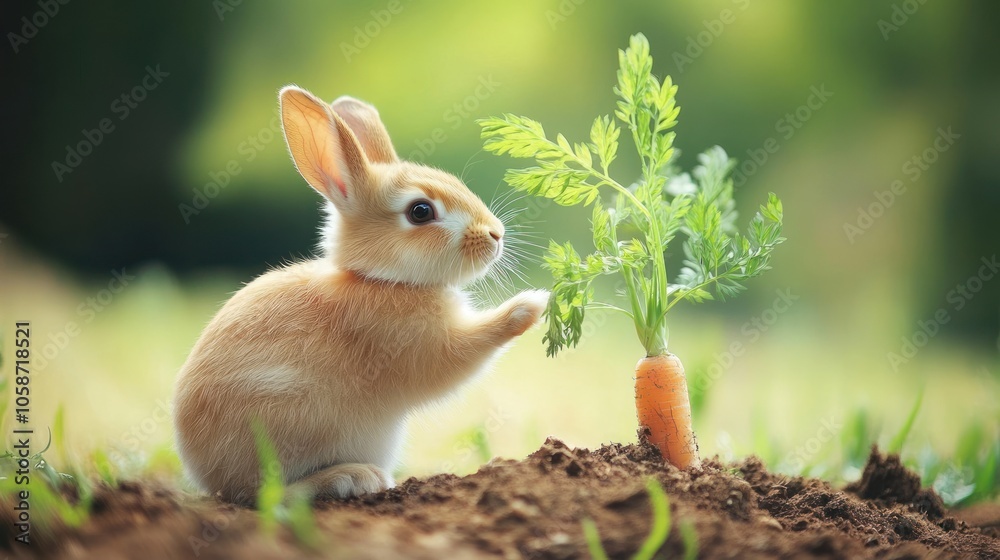 Fototapeta premium A small brown bunny sits in a garden with its paws resting on a growing carrot plant.