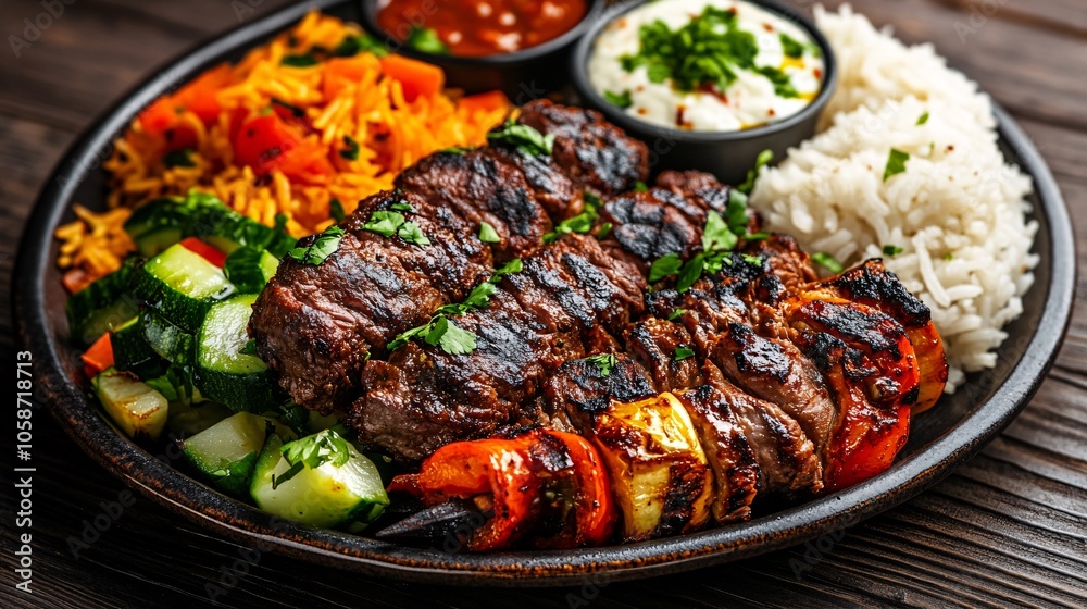 Succulent Beef Kebab Delight - Delicious Meal of Grilled Meat, Rice, and Veggies on Rustic Table Setting with Soft Lighting Succulent Beef Kebab Delight - Delicious Meal of Grilled Meat, Rice, and Veggies on Rustic Table Setting with Soft Lighting