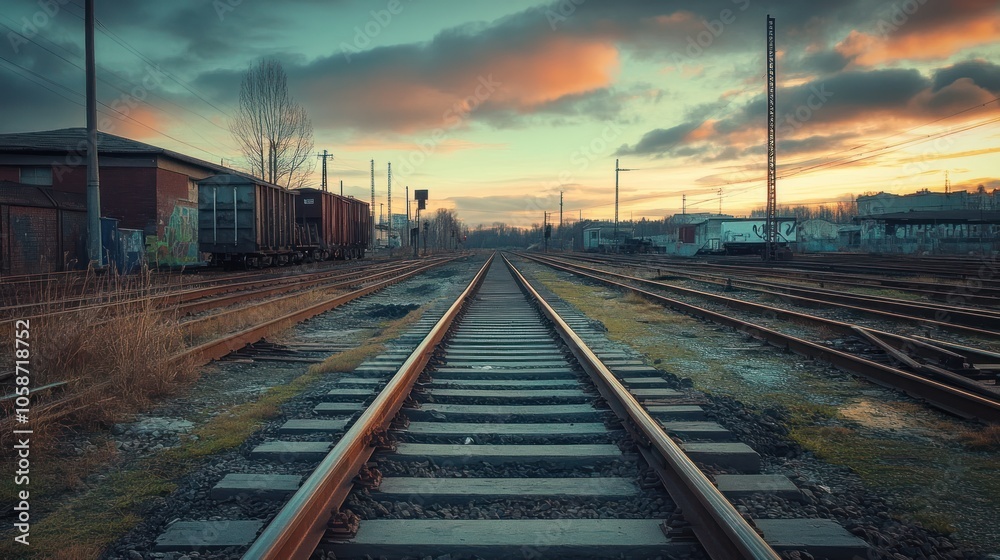 A long, straight railway track extends into the distance, with a dramatic sunset sky in the background. A long, straight railway track extends into the distance, with a dramatic sunset sky in the background.