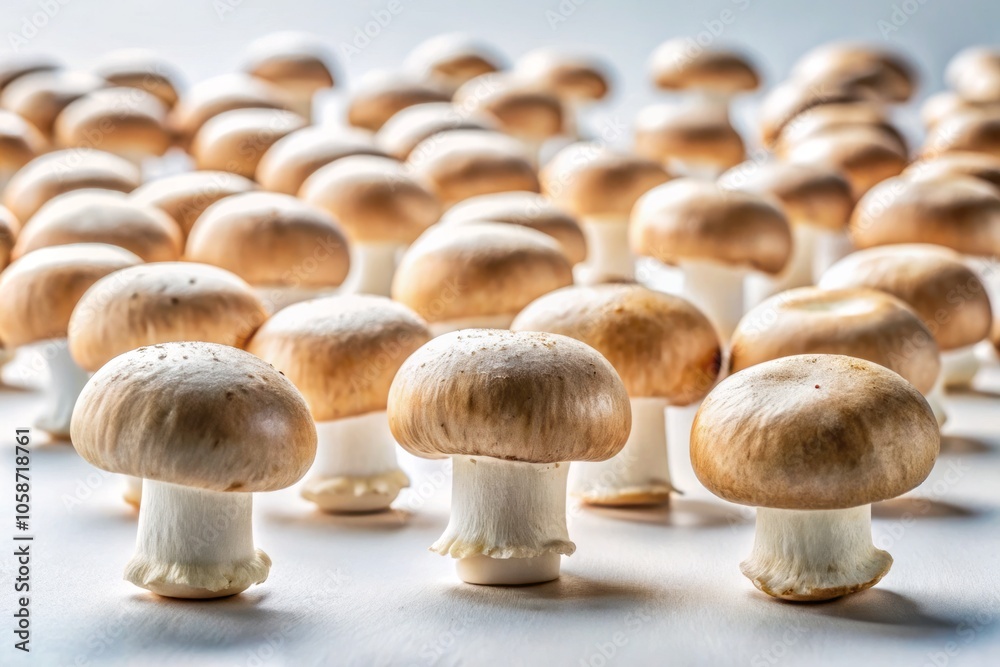 Surreal Arrangement of Fresh White and Brown Champignon Mushrooms on a Pristine White Background for Unique Culinary and Nature Photography