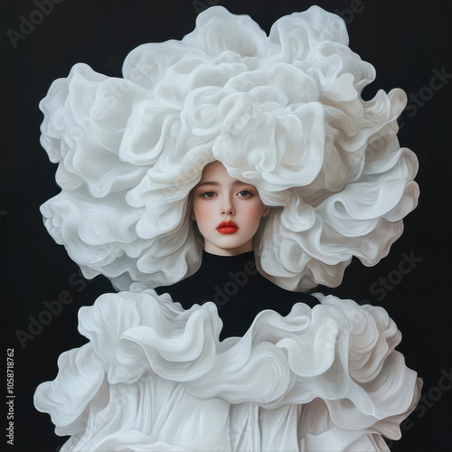 High Fashion Model Wearing an Avant-Garde White Ruffled Outfit Against a Dark Background