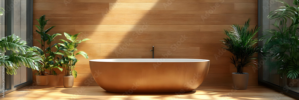 Modern Bathroom Illustration with Freestanding Tub and Greenery