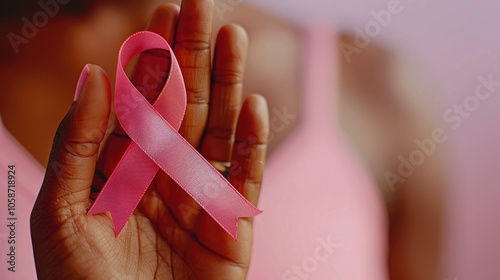 a Supportive Hand Holding a Pink Ribbon, Set Against a Soft Focus Background, Symbolizing Hope and Unity in the Fight Against Cancer