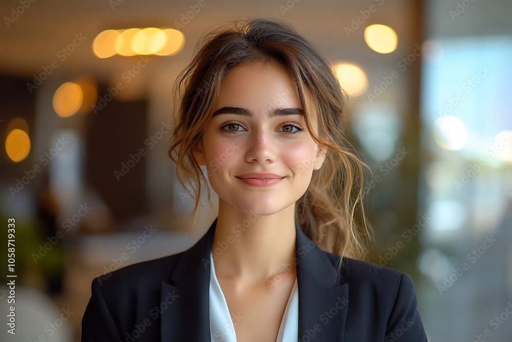 Confident Businesswoman Smiling with Bokeh Background Confident Businesswoman Smiling with Bokeh Background