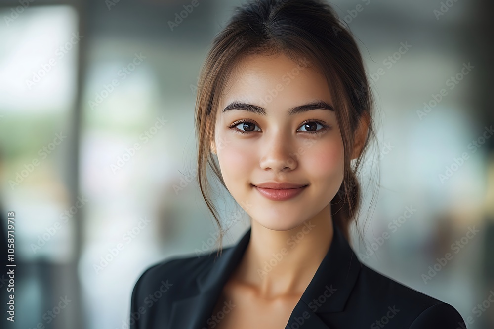 Confident Businesswoman Smiling, Eye Contact,  Professional Attire