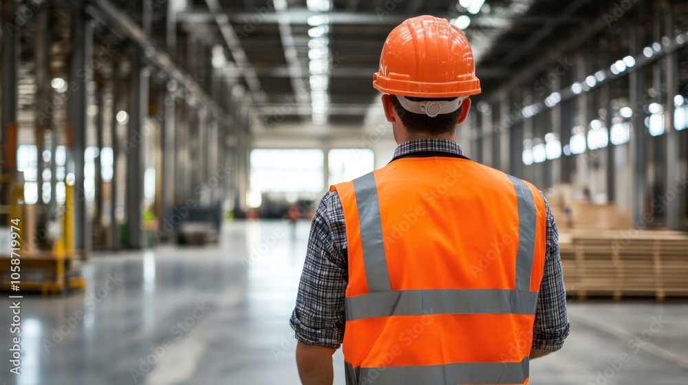 A male worker in a hard hat and safety vest walks through a large factory.