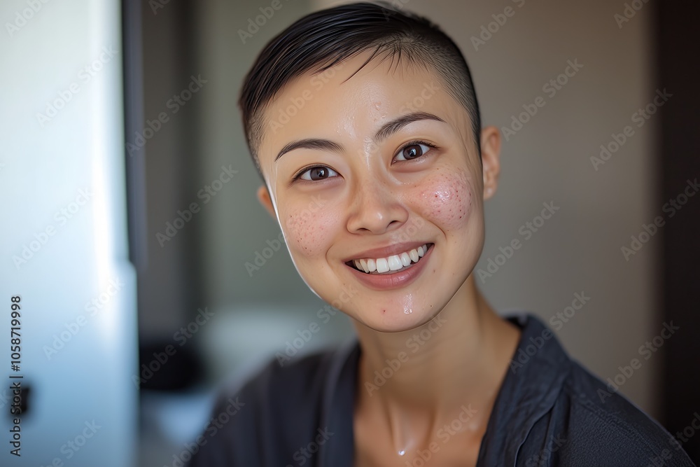 Close-up of a smiling woman with short hair, showcasing fresh, natural skin and bright eyes in a relaxed setting. Close-up of a smiling woman with short hair, showcasing fresh, natural skin and bright eyes in a relaxed setting.