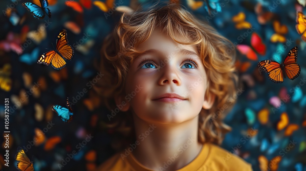 young boy with autism and colorful butterflies on blue background, raising awareness for Autism Spectrum Disorder with ample space for awareness campaign messages young boy with autism and colorful butterflies on blue background, raising awareness for Autism Spectrum Disorder with ample space for awareness campaign messages