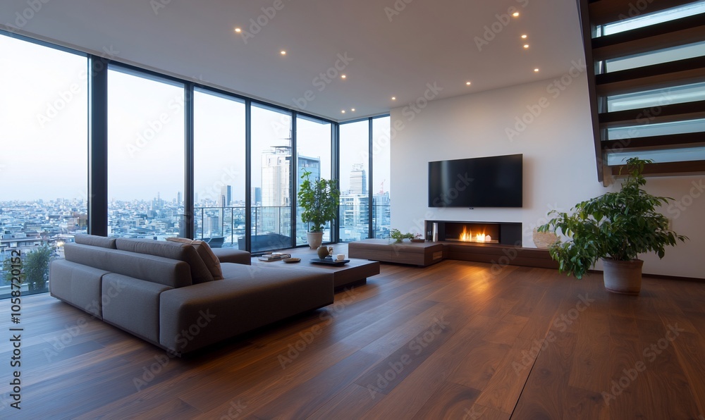 Modern living room with large windows overlooking cityscape, fireplace, and hardwood floors. Modern living room with large windows overlooking cityscape, fireplace, and hardwood floors.