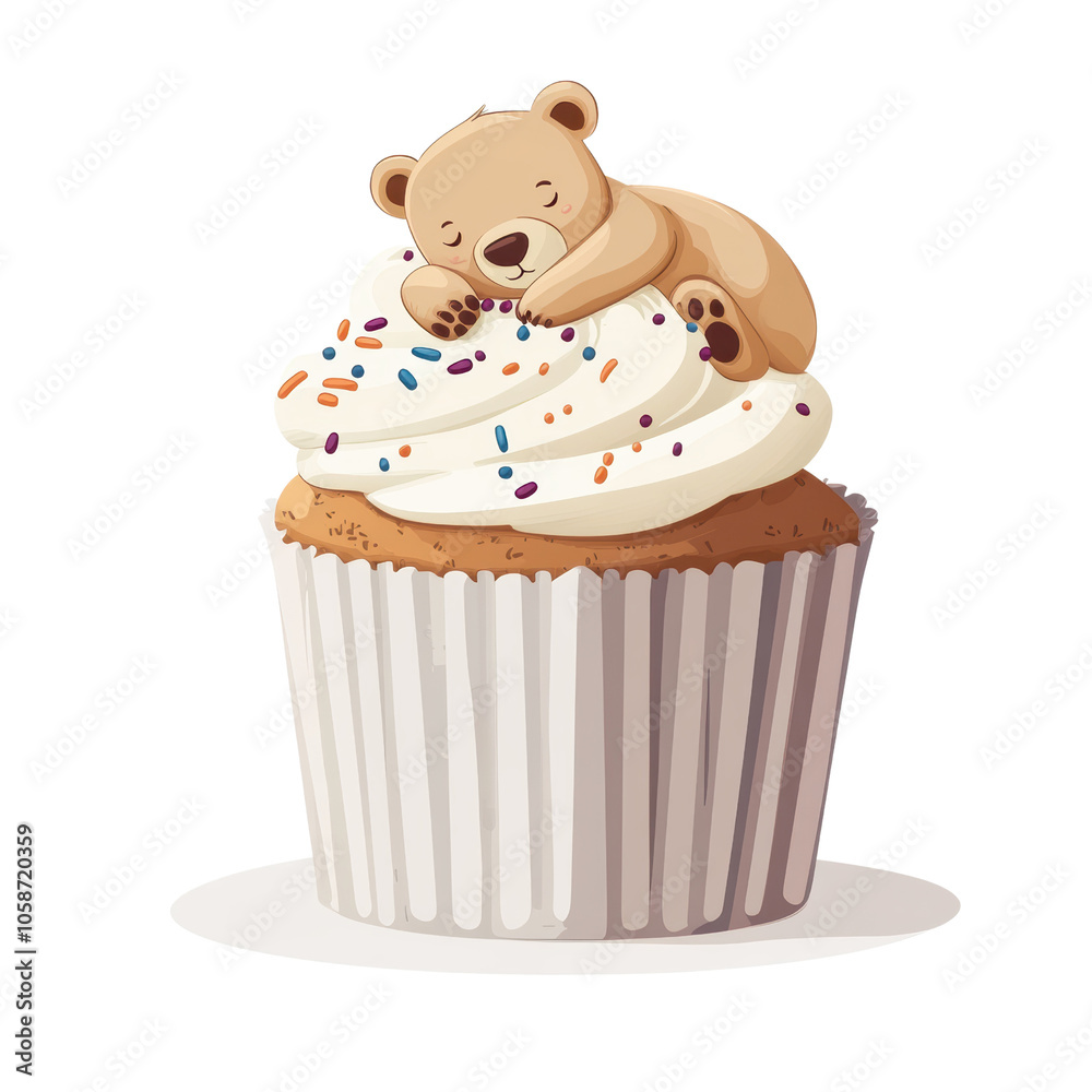 Sleepy Bear Cupcake: A cuddly teddy bear takes a sweet nap atop a fluffy cupcake, sprinkled with colorful confetti isolated on transparent background, cut out, png, birthday cards, children's books. Sleepy Bear Cupcake: A cuddly teddy bear takes a sweet nap atop a fluffy cupcake, sprinkled with colorful confetti isolated on transparent background, cut out, png, birthday cards, children's books.