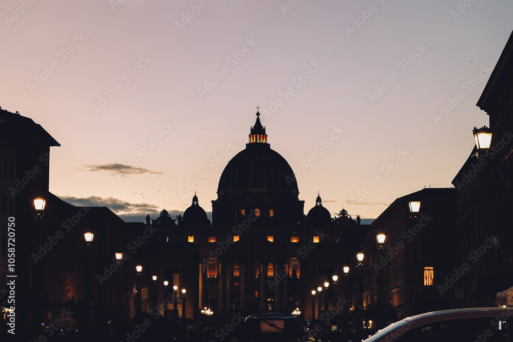 Obraz premium Beautiful silhouette night view of St Peter's Basilica in Vatican City. Architecture, landmark and attractions of Rome, Italy. High quality photo