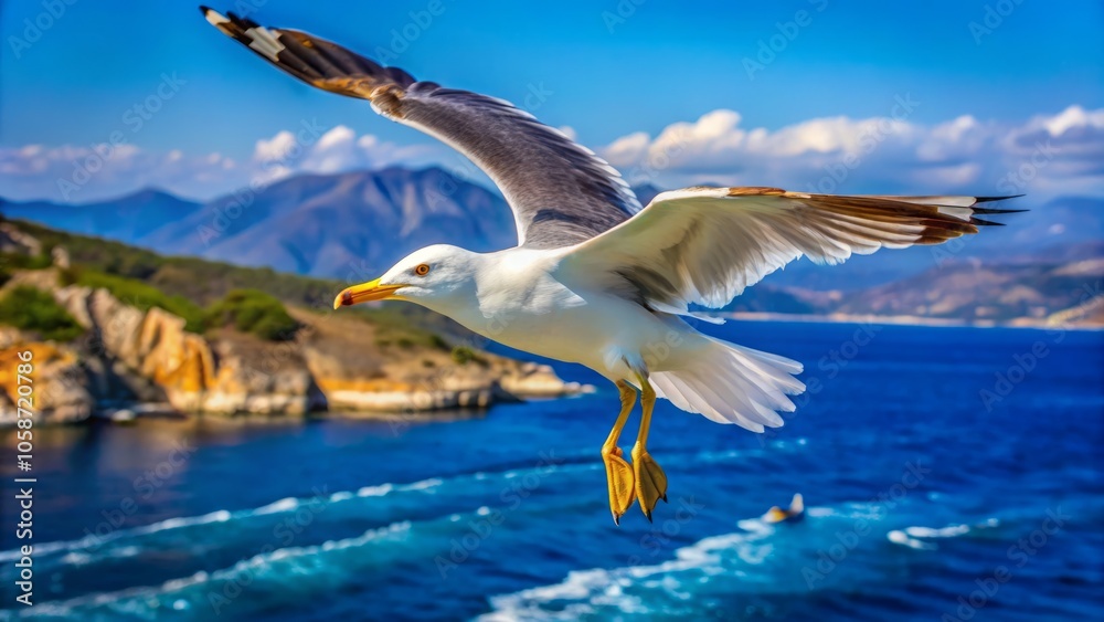 Yellow-legged Gull soaring above the deep blue sea in Greece, showcasing architectural beauty of coastal landscapes and vibrant marine life in stunning clarity Yellow-legged Gull soaring above the deep blue sea in Greece, showcasing architectural beauty of coastal landscapes and vibrant marine life in stunning clarity