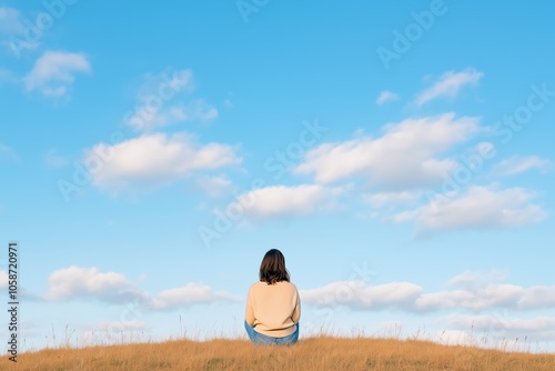 A solitary woman sits in a grassy field, peacefully observing fluffy clouds in the serene blue sky.