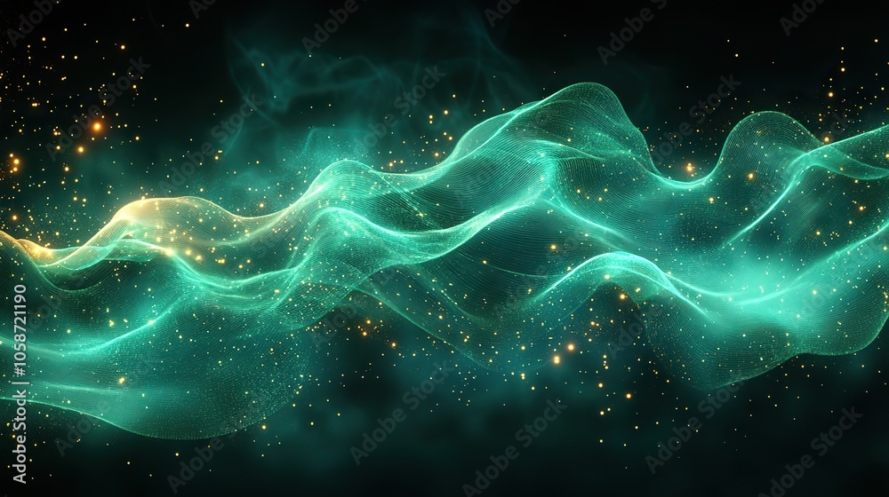 Abstract 3D green wave patterns on dark background, representing futuristic technology concepts, perfect for design banners, posters, or business cards with digital datstructure theme Abstract 3D green wave patterns on dark background, representing futuristic technology concepts, perfect for design banners, posters, or business cards with digital datstructure theme