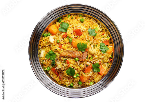 Indian vegetable biryani in balti dish isolated on transparent or white background photo